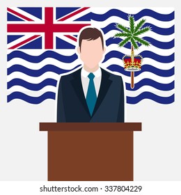 Man in suit standing at rostrum Front of British Indian Ocean Territory Country Flag. Business man Presentation conference concept. Modern flat design vector illustration. Country Flag background.