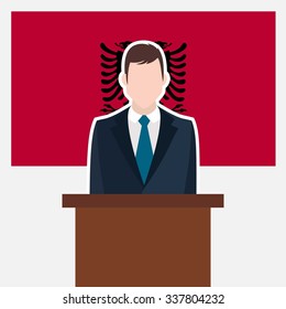 Man in suit standing at rostrum Front of Albania Country Flag. Business man Presentation conference concept. Modern flat design vector illustration. Country Flag background.