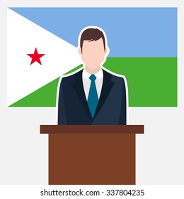 Man in suit standing at rostrum Front of Djibouti Country Flag. Business man Presentation conference concept. Modern flat design vector illustration. Country Flag background.