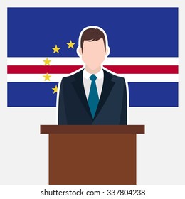 Man in suit standing at rostrum Front of Cape Verde Country Flag. Business man Presentation conference concept. Modern flat design vector illustration. Country Flag background.