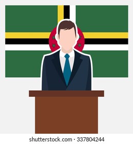 Man in suit standing at rostrum Front of Dominica Country Flag. Business man Presentation conference concept. Modern flat design vector illustration. Country Flag background