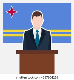 Man in suit standing at rostrum Front of Aruba Country Flag. Business man Presentation conference concept. Modern flat design vector illustration. Country Flag background.