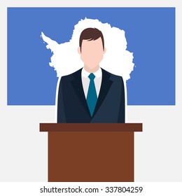 Man in suit standing at rostrum Front of Antarctica Country Flag. Business man Presentation conference concept. Modern flat design vector illustration. Country Flag background.