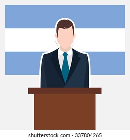 Man in suit standing at rostrum Front of Argentina Country Flag. Business man Presentation conference concept. Modern flat design vector illustration. Country Flag background.