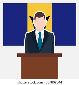 Man in suit standing at rostrum Front of Barbados Country Flag. Business man Presentation conference concept. Modern flat design vector illustration. Country Flag background.