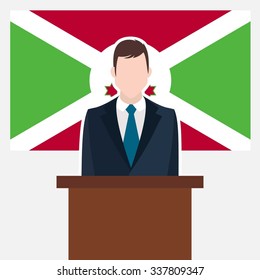 Man in suit standing at rostrum Front of Burundi Country Flag. Business man Presentation conference concept. Modern flat design vector illustration. Country Flag background.