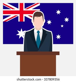 Man in suit standing at rostrum Front of Australia Country Flag. Business man Presentation conference concept. Modern flat design vector illustration. Country Flag background.
