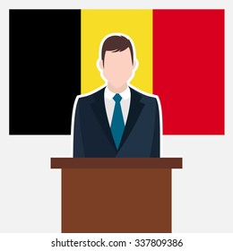 Man in suit standing at rostrum Front of Belgium Country Flag. business man Presentation conference concept. Modern flat design vector illustration. Country Flag background.