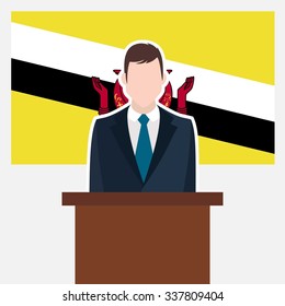 Man in suit standing at rostrum Front of Brunei Country Flag. Business man Presentation conference concept. Modern flat design vector illustration. Country Flag background.