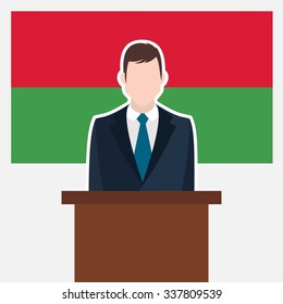 Man in suit standing at rostrum Front of Burkina Faso Country Flag. Business man Presentation conference concept. Modern flat design vector illustration. Country Flag background.