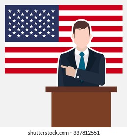 Man in suit standing at rostrum Front of United States of America Country Flag Pointing to the flag. Business man Presentation conference concept. Modern flat design vector background.
