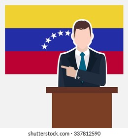 Man in suit standing at rostrum Front of Venezuela Country Flag Pointing to the flag. Business man Presentation conference concept. Modern flat design vector background.
