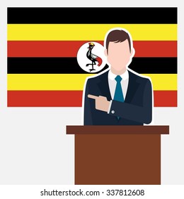 Man in suit standing at rostrum Front of Uganda Country Flag Pointing to the flag. Business man Presentation conference concept. Modern flat design vector background.