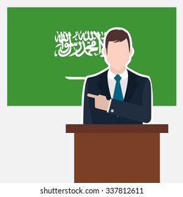 Man in suit standing at rostrum Front of Saudi Arabia Country Flag Pointing to the flag. Business man Presentation conference concept. Modern flat design vector background.
