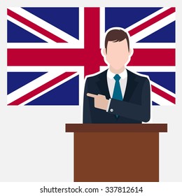 Man in suit standing at rostrum Front of United Kingdom Country Flag Pointing to the flag. Business man Presentation conference concept. Modern flat design vector background.