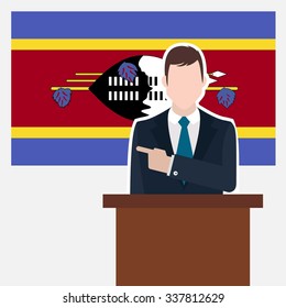 Man in suit standing at rostrum Front of Swaziland Country Flag Pointing to the flag. Business man Presentation conference concept. Modern flat design vector background.