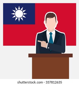 Man in suit standing at rostrum Front of Taiwan Country Flag Pointing to the flag. Business man Presentation conference concept. Modern flat design vector background.