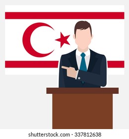 Man in suit standing at rostrum Front of Turkish Republic of Northern Cyprus Country Flag Pointing to the flag. Business man Presentation conference concept. Modern flat design vector background.