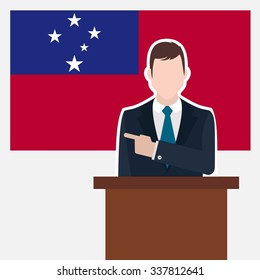 Man in suit standing at rostrum Front of Samoa Country Flag Pointing to the flag. Business man Presentation conference concept. Modern flat design vector background.