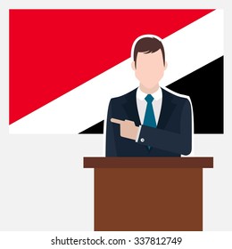 Man in suit standing at rostrum Front of Sealand, Principality of Country Flag Pointing to the flag. Business man Presentation conference concept. Modern flat design vector background.