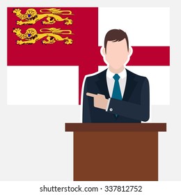 Man in suit standing at rostrum Front of Sark Country Flag Pointing to the flag. Business man Presentation conference concept. Modern flat design vector background.