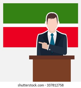 Man in suit standing at rostrum Front of Tatarstan Country Flag Pointing to the flag. Business man Presentation conference concept. Modern flat design vector background.