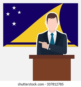 Man in suit standing at rostrum Front of Tokelau Country Flag Pointing to the flag. Business man Presentation conference concept. Modern flat design vector background.