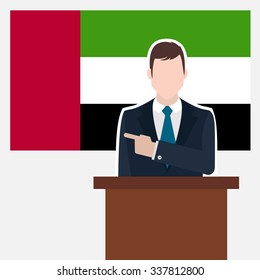 Man in suit standing at rostrum Front of UAE Country Flag Pointing to the flag. Business man Presentation conference concept. Modern flat design vector background.