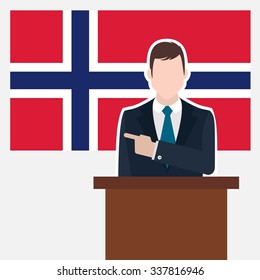 Man in suit standing at rostrum Front of Norway Country Flag Pointing to the flag. Business man Presentation conference concept. Modern flat design vector background illustration.