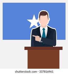 Man in suit standing at rostrum Front of Somalia Country Flag Pointing to the flag. Business man Presentation conference concept. Modern flat design vector background illustration.