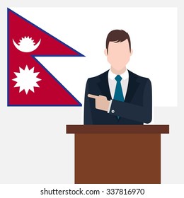Man in suit standing at rostrum Front of Nepal Country Flag Pointing to the flag. Business man Presentation conference concept. Modern flat design vector background illustration.