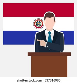 Man in suit standing at rostrum Front of Paraguay Country Flag Pointing to the flag. Business man Presentation conference concept. Modern flat design vector background illustration.