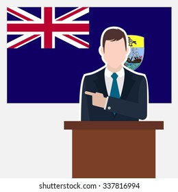Man in suit standing at rostrum Front of Saint Helena Country Flag Pointing to the flag. Business man Presentation conference concept. Modern flat design vector background illustration.