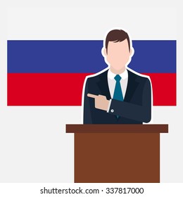 Man in suit standing at rostrum Front of Russia Country Flag Pointing to the flag. Business man Presentation conference concept. Modern flat design vector background illustration.