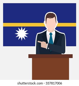 Man in suit standing at rostrum Front of Nauru Country Flag Pointing to the flag. Business man Presentation conference concept. Modern flat design vector background illustration. 