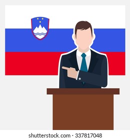 Man in suit standing at rostrum Front of Slovenia Country Flag Pointing to the flag. Business man Presentation conference concept. Modern flat design vector background illustration.