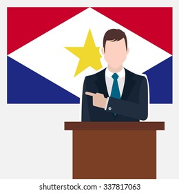 Man in suit standing at rostrum Front of saba Country Flag Pointing to the flag. business man Presentation conference concept. Modern flat design vector background illustration.