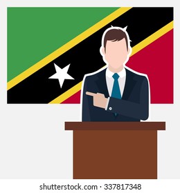 Man in suit standing at rostrum Front of Saint Kitts and Nevis Country Flag Pointing to the flag. Business man Presentation conference concept. Modern flat design vector background illustration.
