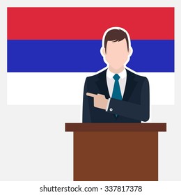 Man in suit standing at rostrum Front of Republika Srpska Country Flag Pointing to the flag. Business man Presentation conference concept. Modern flat design vector background illustration.