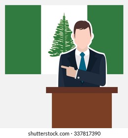 Man in suit standing at rostrum Front of NJorfolk Island Country Flag Pointing to the flag. Business man Presentation conference concept. Modern flat design vector background illustration.