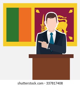 Man in suit standing at rostrum Front of Srilanka Country Flag Pointing to the flag. business man Presentation conference concept. Modern flat design vector background illustration.