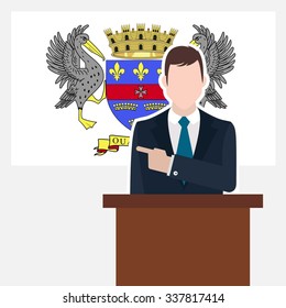 Man in suit standing at rostrum Front of Saint Barthelemy Country Flag Pointing to the flag. Business man Presentation conference concept. Modern flat design vector background illustration.