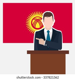 Man in suit standing at rostrum Front of Kyrgyzstan Country Flag Pointing to the flag. business man Presentation conference concept. Modern flat design vector background illustration. 
