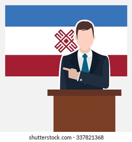 Man in suit standing at rostrum Front of Mari El Country Flag Pointing to the flag. business man Presentation conference concept. Modern flat design vector background illustration. 

