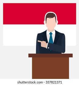 Man in suit standing at rostrum Front of Monaco Country Flag Pointing to the flag. business man Presentation conference concept. Modern flat design vector background illustration. 
