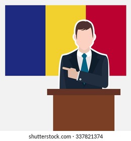 Man in suit standing at rostrum Front of Romania Country Flag Pointing to the flag. business man Presentation conference concept. Modern flat design vector background illustration. 
