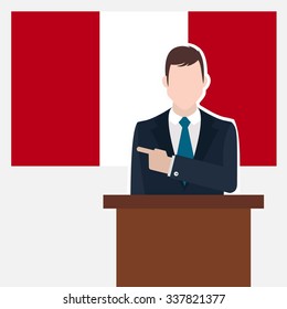Man in suit standing at rostrum Front of Peru Country Flag Pointing to the flag. business man Presentation conference concept. Modern flat design vector background illustration. 
