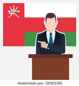 Man in suit standing at rostrum Front of Oman Country Flag Pointing to the flag. business man Presentation conference concept. Modern flat design vector background illustration. 
