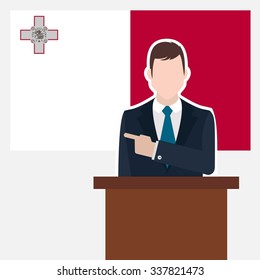 Man in suit standing at rostrum Front of Malta Country Flag Pointing to the flag. business man Presentation conference concept. Modern flat design vector background illustration. 
