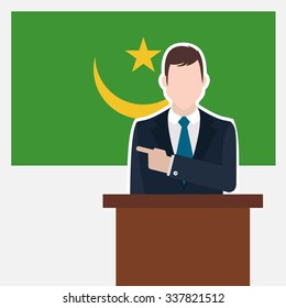 Man in suit standing at rostrum Front of Mauritania Country Flag Pointing to the flag. business man Presentation conference concept. Modern flat design vector background illustration. 
